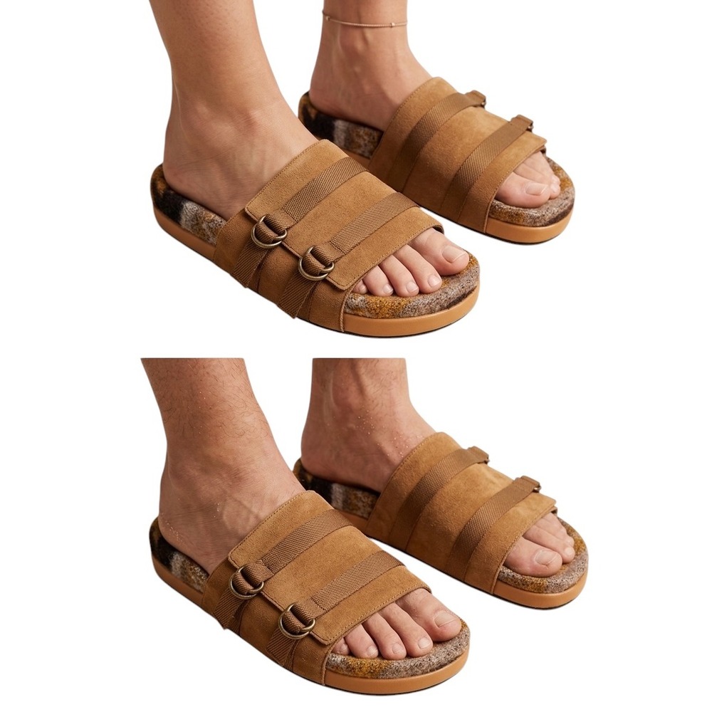 Commbi Tan Suede Southwestern Patterned Footbed Slide Sandals Mens 8 Womens 10